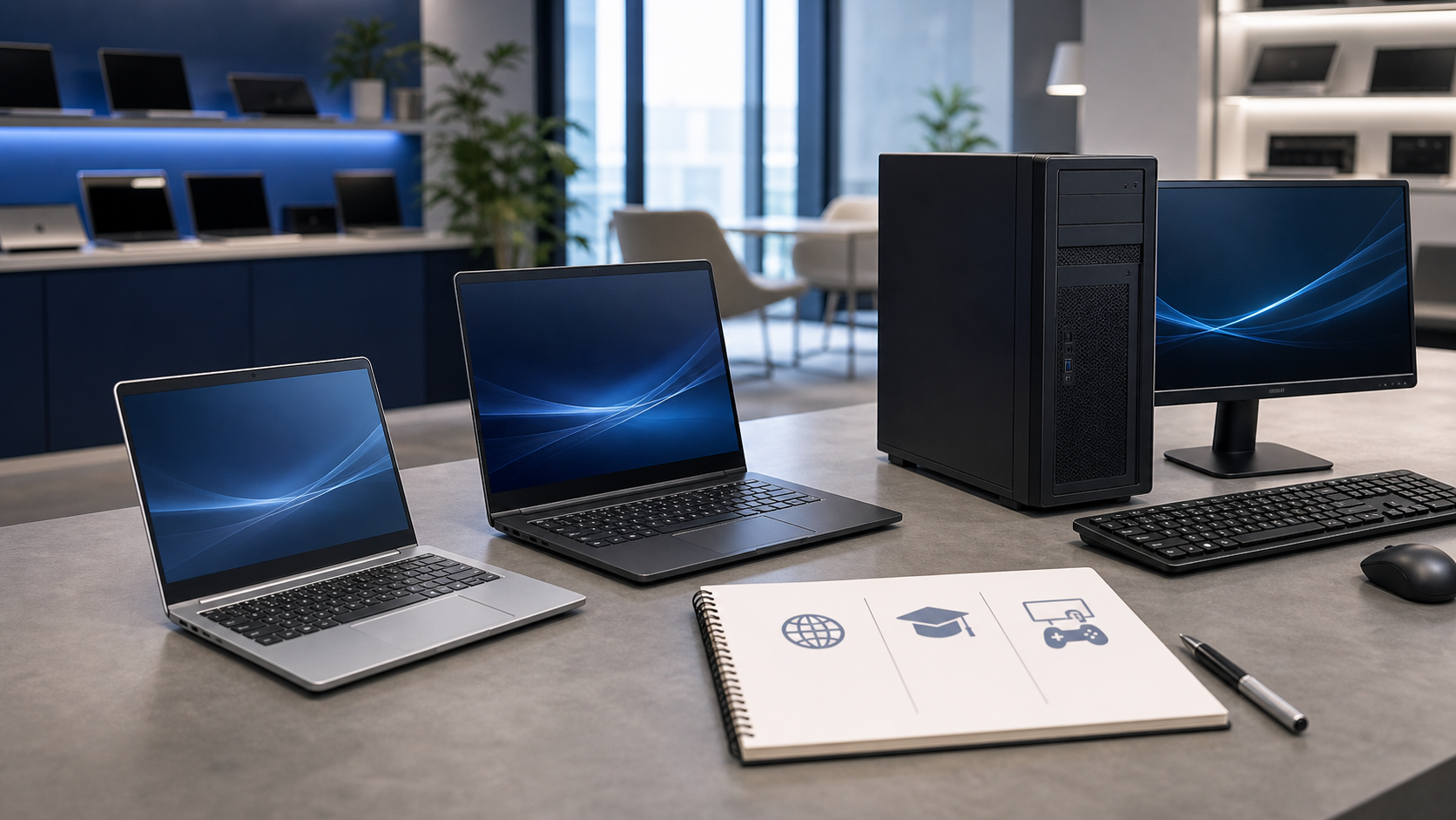 用途に合わせてノートPCとデスクトップPCを選ぶイメージ